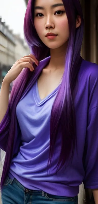 Fashionable person showcasing vibrant purple street style.