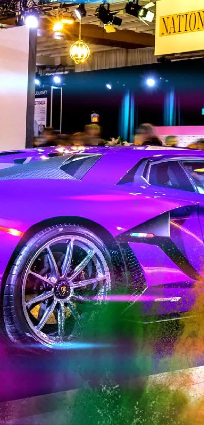 Vibrant purple supercar showcased at an automotive exhibit.