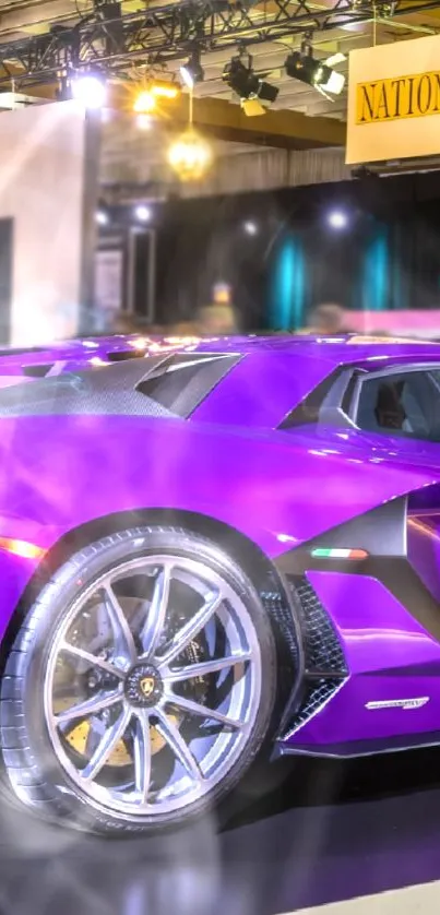 Vibrant purple supercar displayed at auto show exhibit.