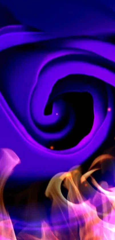 Abstract purple swirl and fiery flames wallpaper.