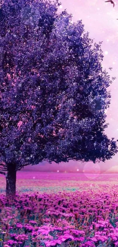 Purple tree in a dreamy landscape, ideal for phone wallpaper.