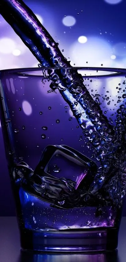 Vibrant purple water glass splash design with bokeh lights.