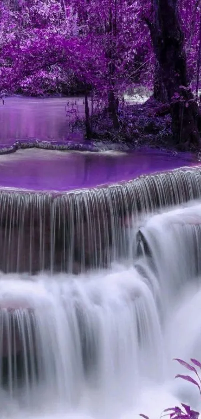 Purple waterfall with lush forest scene in mobile wallpaper.