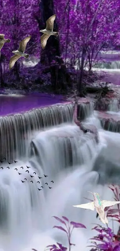 Vibrant purple waterfall with birds flying over lush landscape.