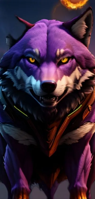 Purple wolf with glowing eyes on a mystical background.