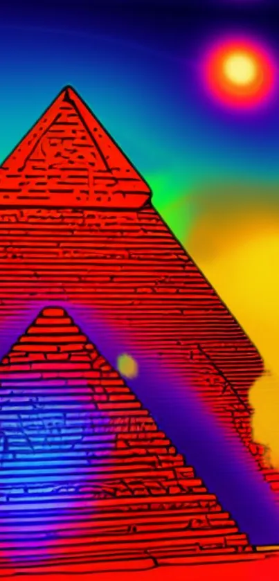 Vibrant, colorful pyramid design with psychedelic background.