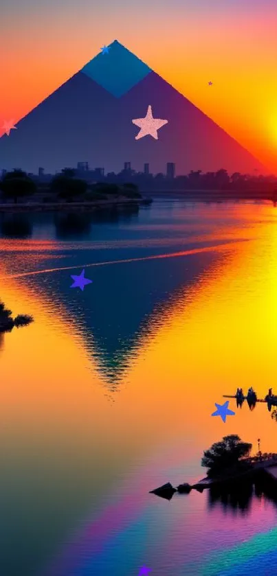 Vibrant sunset over a pyramid reflecting on tranquil water.