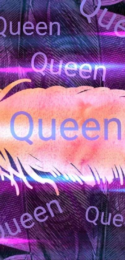 Purple feather wallpaper with 'Queen' text overlay.