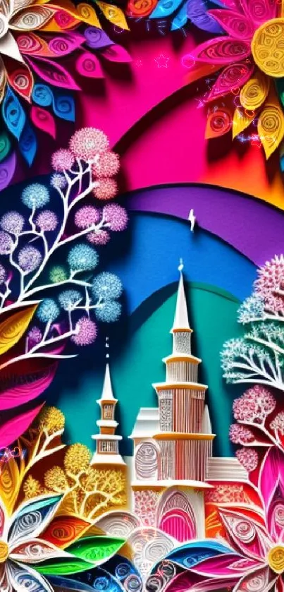 Vibrant quilling art wallpaper with colorful paper cut designs.