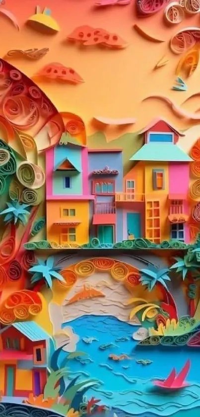 Quilling art wallpaper with vibrant colors and scenic houses.