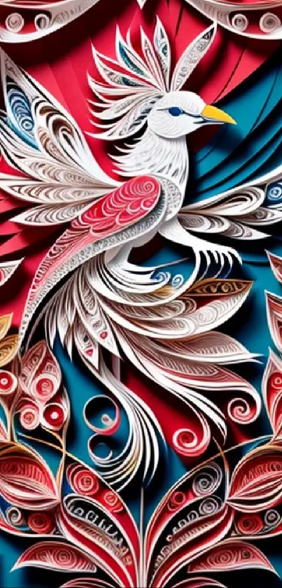 Quilled bird in vibrant red and blue mobile wallpaper.