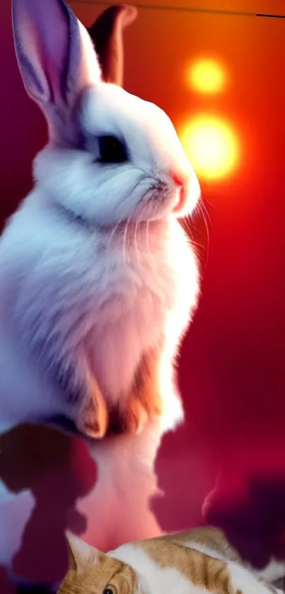 Dynamic vibrant wallpaper with rabbit and cat in red gradient.