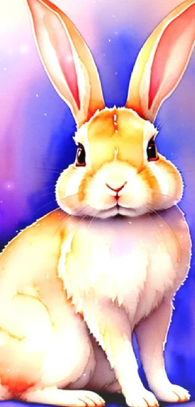 Vibrant watercolor rabbit art with purple and peach hues.