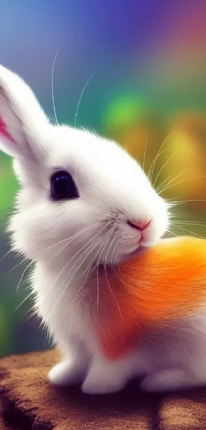 A vibrant rabbit sits on a rock with a blurred, colorful background.