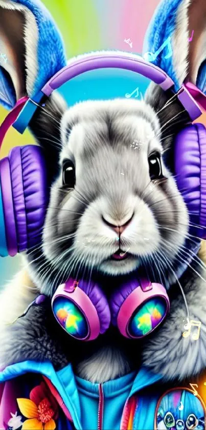 Colorful rabbit with headphones mobile wallpaper.