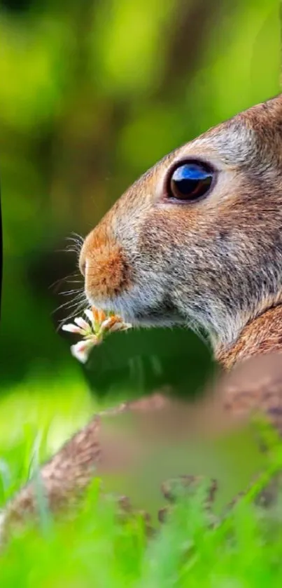 Rabbit in green grass with vibrant colors in the background.