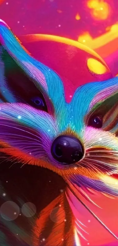 Vibrant and colorful raccoon digital art wallpaper for mobile devices.