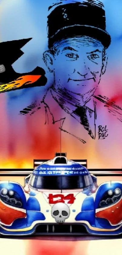 Dynamic race car wallpaper with colorful artistic elements.