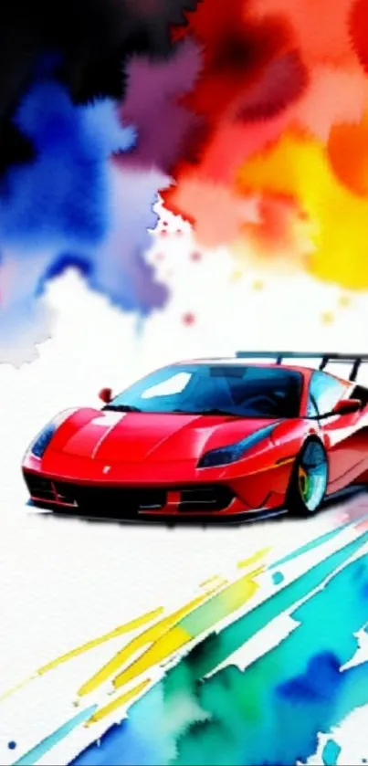 Red sports car with vibrant watercolor splashes background.