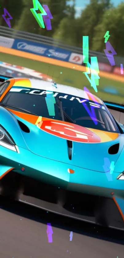 Vibrant turquoise race car with electric effects on track.