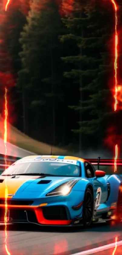 Vibrant race car speeding on a forest-lined track.