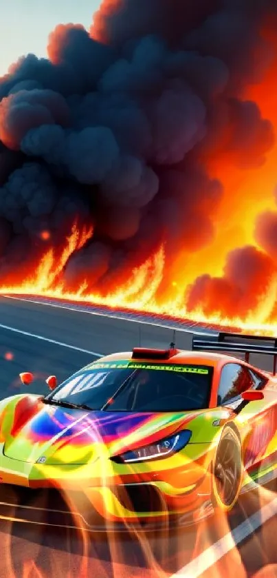 Vibrant race car speeding with fiery background.