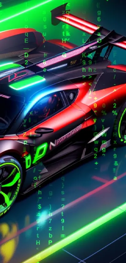 High-speed race car with neon colors on a vibrant track.