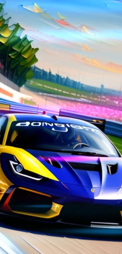 Vibrant yellow and blue race car on a colorful track.