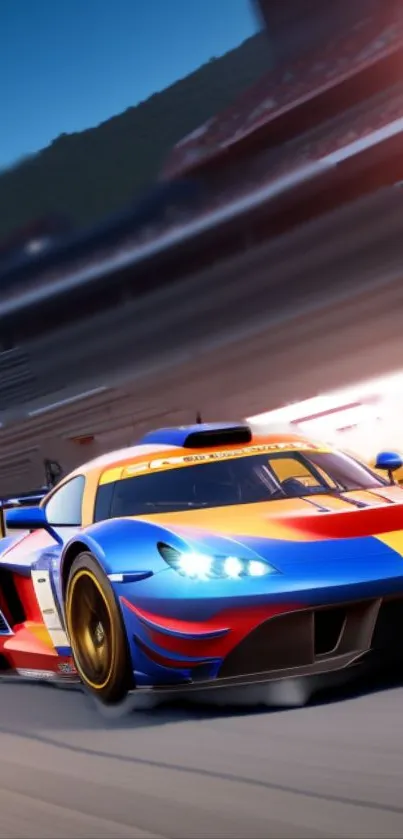 Vibrant sports car racing on a track with a colorful design.