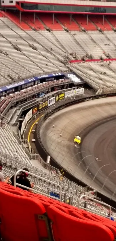 Exciting racetrack view with vibrant red seats.