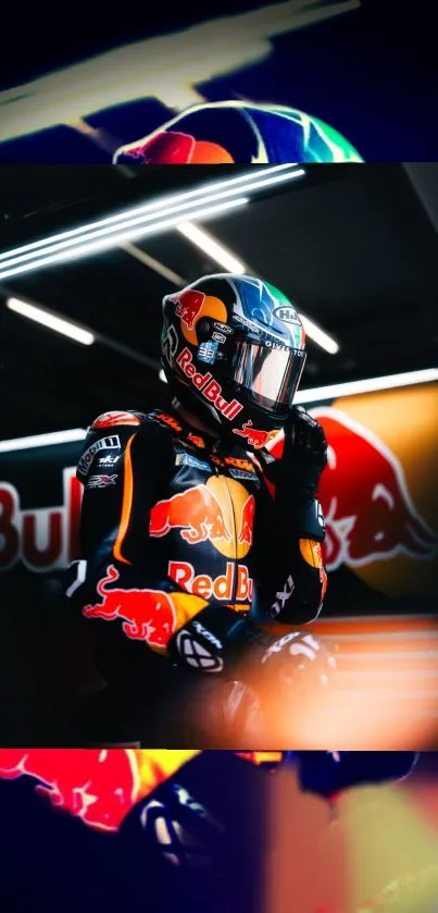 A dynamic motorcycle racer with colorful gear in front of a bold logo backdrop.