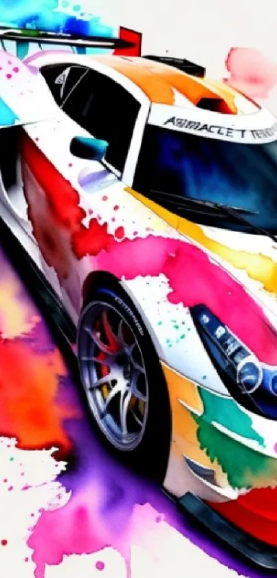 A colorful racing car with vibrant paint splashes on a white background.