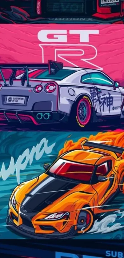 Vibrant GT-R and Supra car artwork for mobile wallpaper.