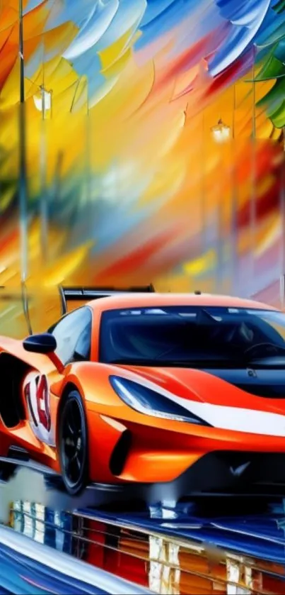 Vibrant racing car in colorful artwork with dynamic design.