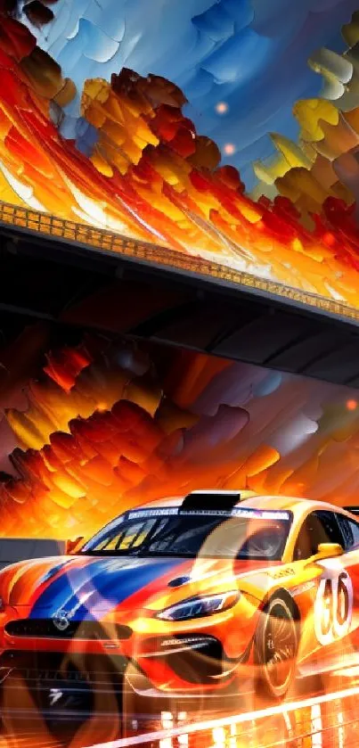 Vibrant racing car art with fiery colors.