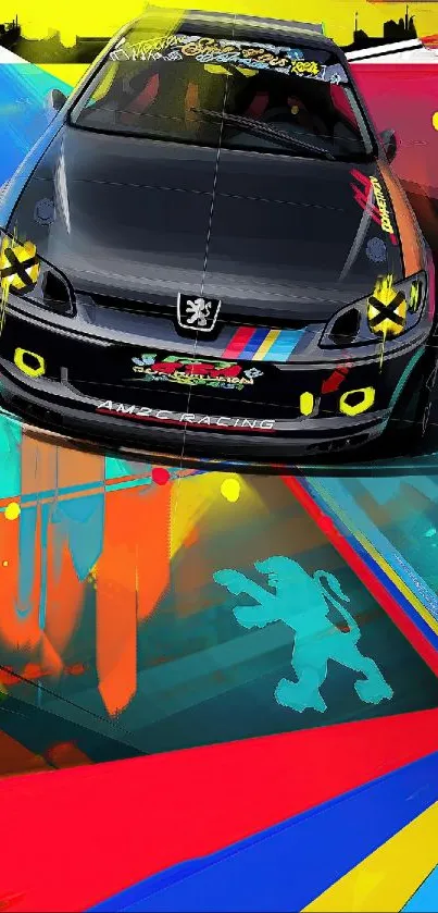 Vibrant art wallpaper with racing car design in bold colors.