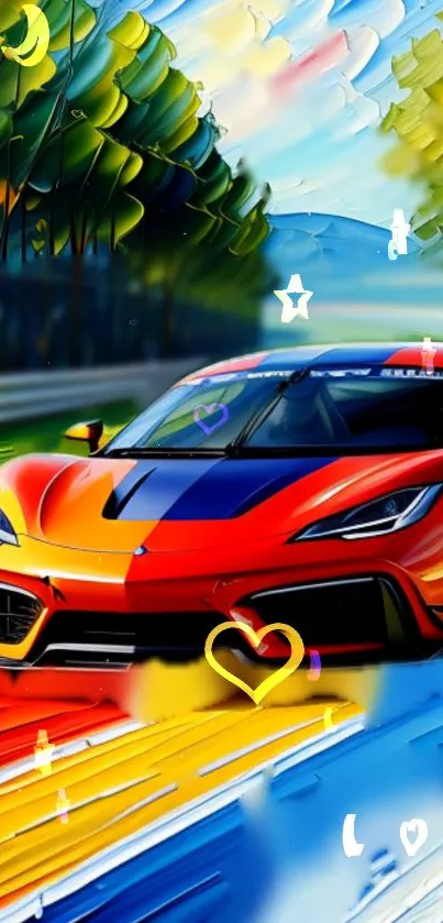 Vibrant racing car with abstract art on a colorful road.