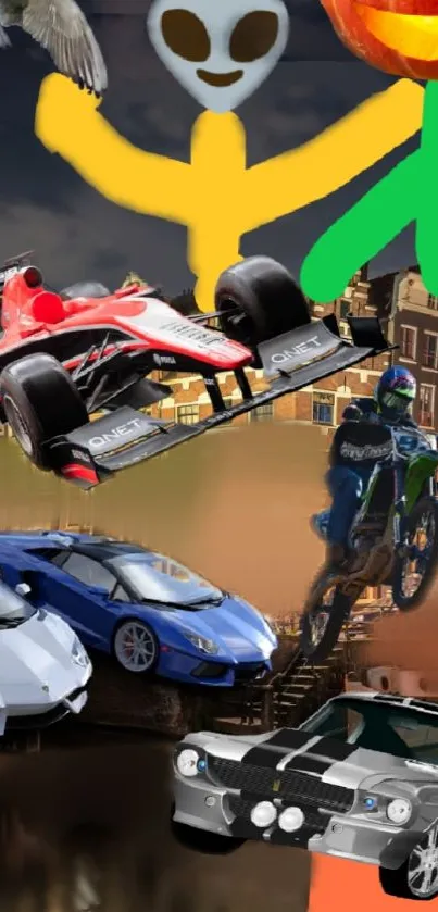 Dynamic wallpaper with racing cars and motorbikes in an urban setting.