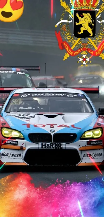 Dynamic racing scene with vibrant colors on track.