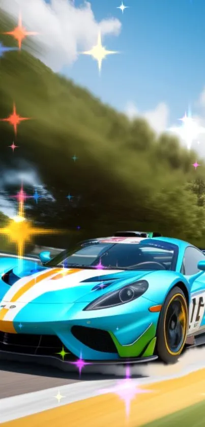 Colorful racing car with sparkles on a vibrant track.