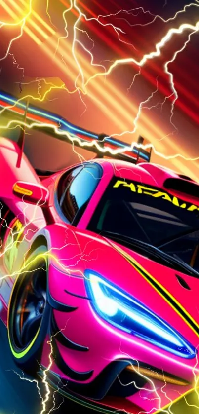 Bright pink racing car with lightning effects on mobile wallpaper.