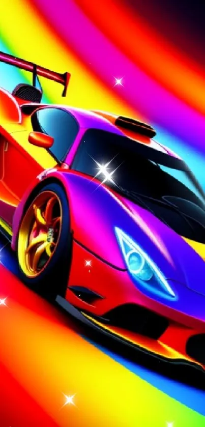 Vibrant racing car wallpaper with rainbow colors.