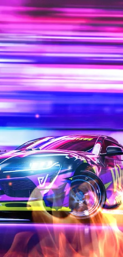 Vibrant wallpaper of a racing car with neon lights and dynamic colors.