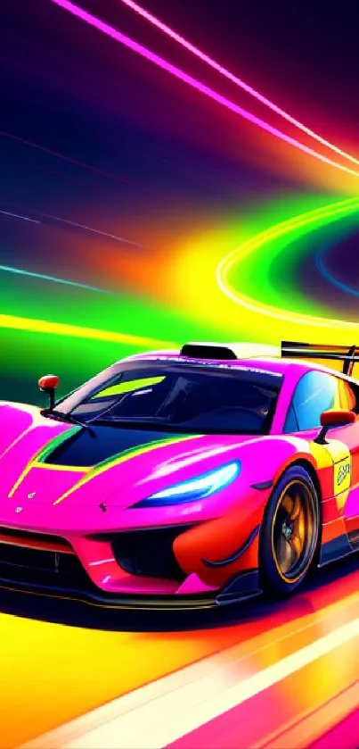 Colorful racing car with neon light trails.