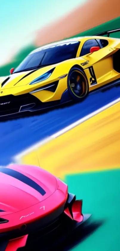 Vibrant wallpaper featuring speeding racing cars, perfect for enthusiasts.