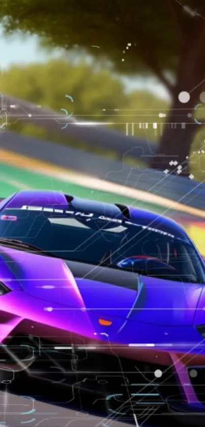 Futuristic purple racing car on vibrant track design.