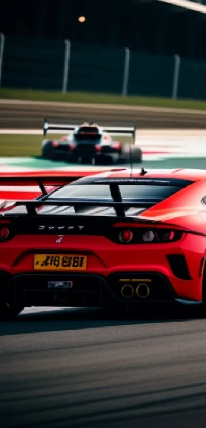 Vibrant red racing car on track, capturing speed and excitement.