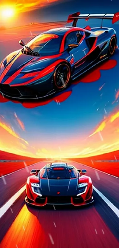 Vibrant racing car at sunset with fiery skies and dynamic colors.