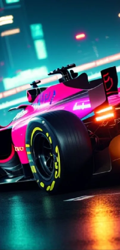 High-speed racing car with neon lights at night.