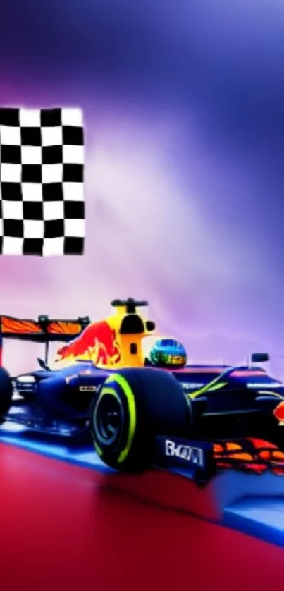 Vibrant racing car with checkered flag.